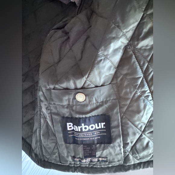 Barbour Olive Quilted Puffer Coat with Brown Trim - Picture 9 of 13